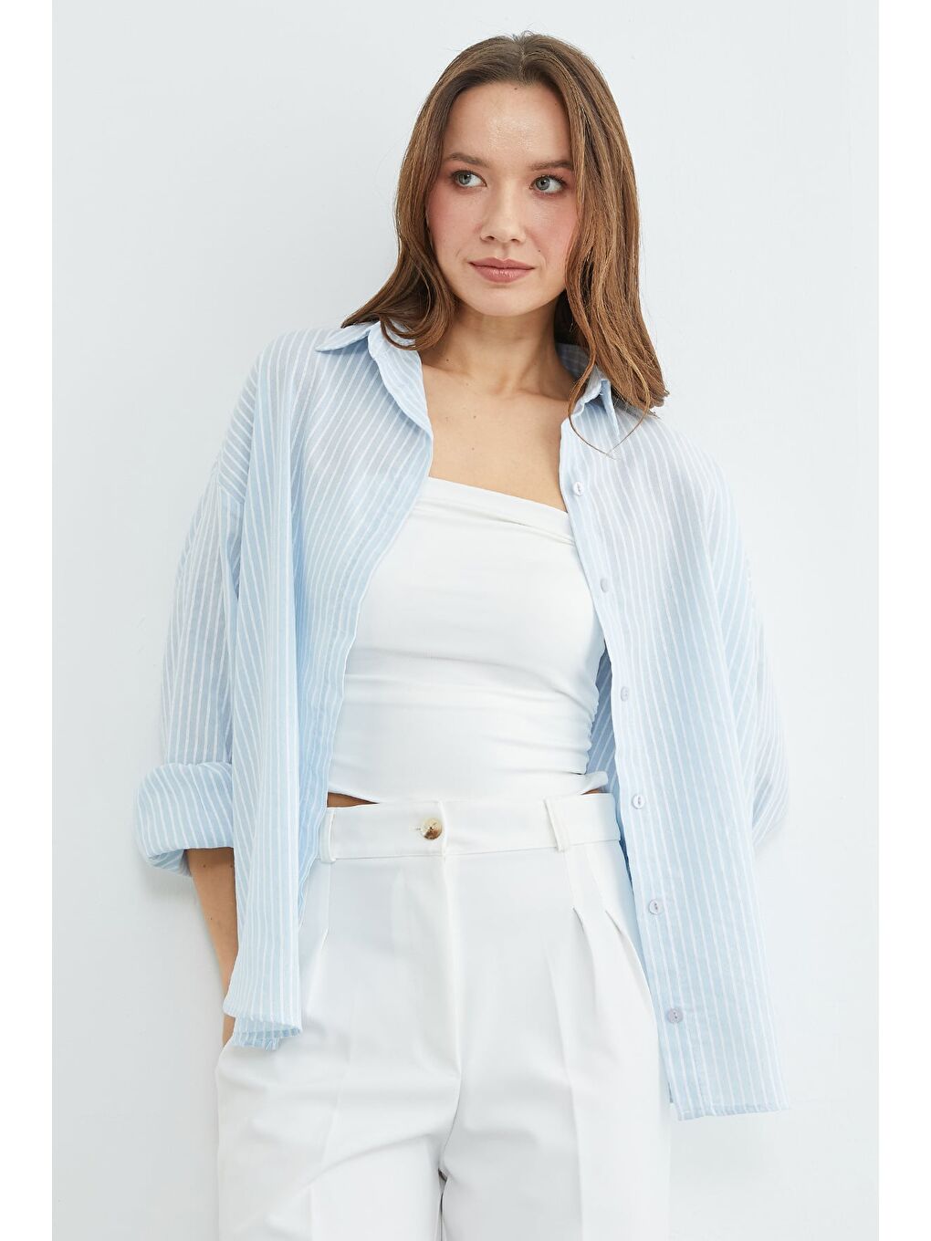 Mavi Çizgili Arkası Uzun Oversize Gömlek-3