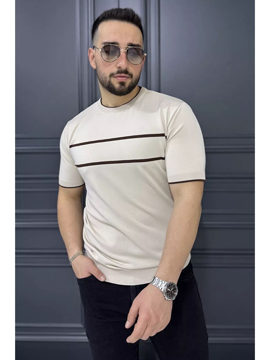 Bej Çizgi Detaylı Bisiklet Yaka Erkek T-shirt