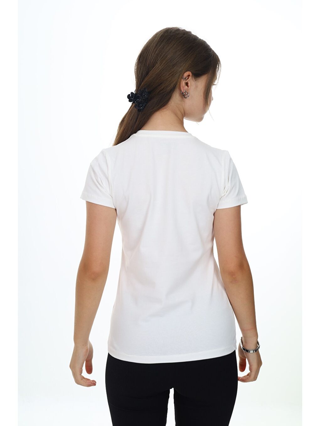 Ekru Kız Çocuk Bisiklet Yaka Kısa Kollu Pileli Tişört-3