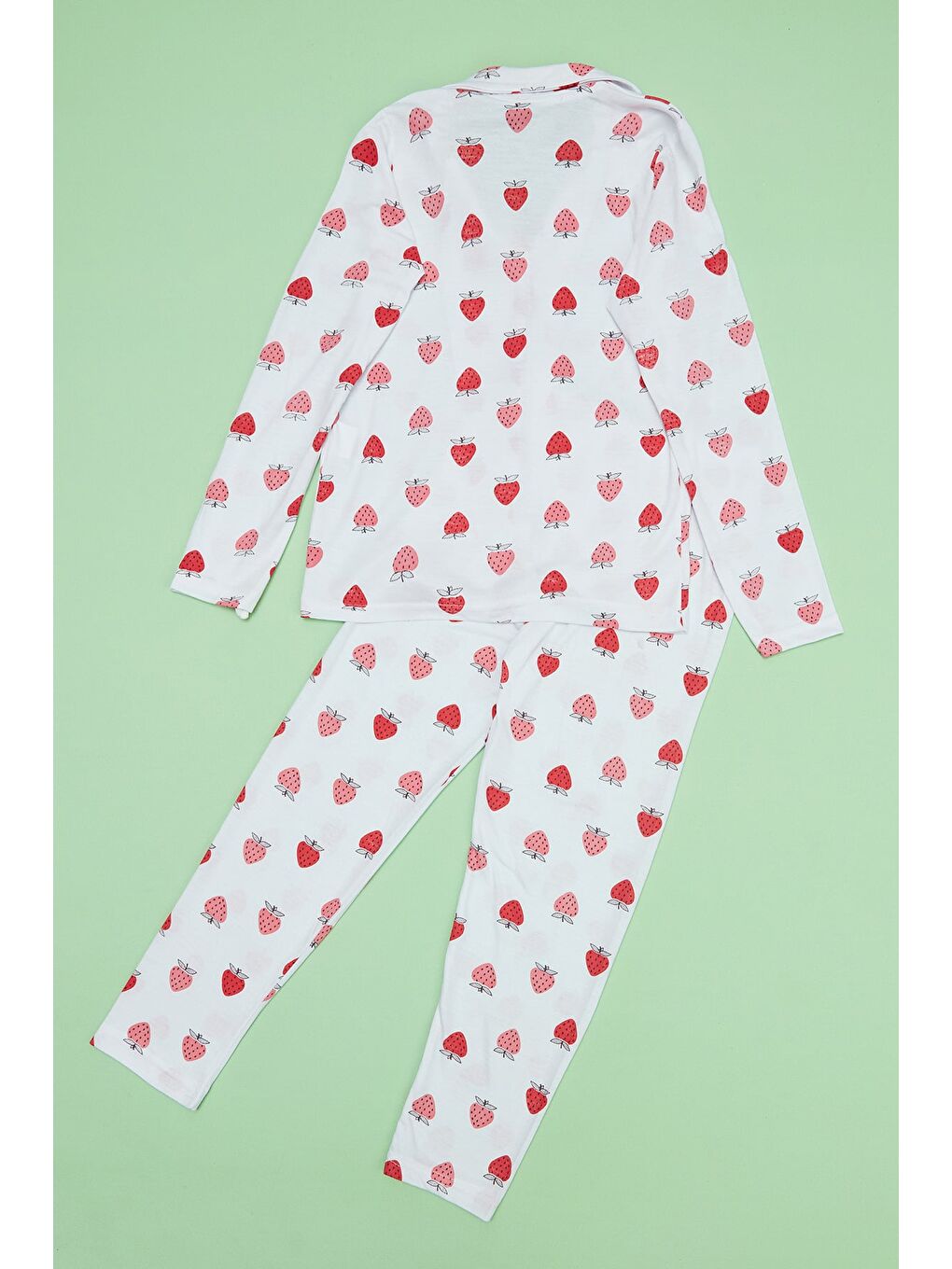 Kırmızı Çilek Desenli Polo Yaka Kız Çocuk Pijama Takımı-4