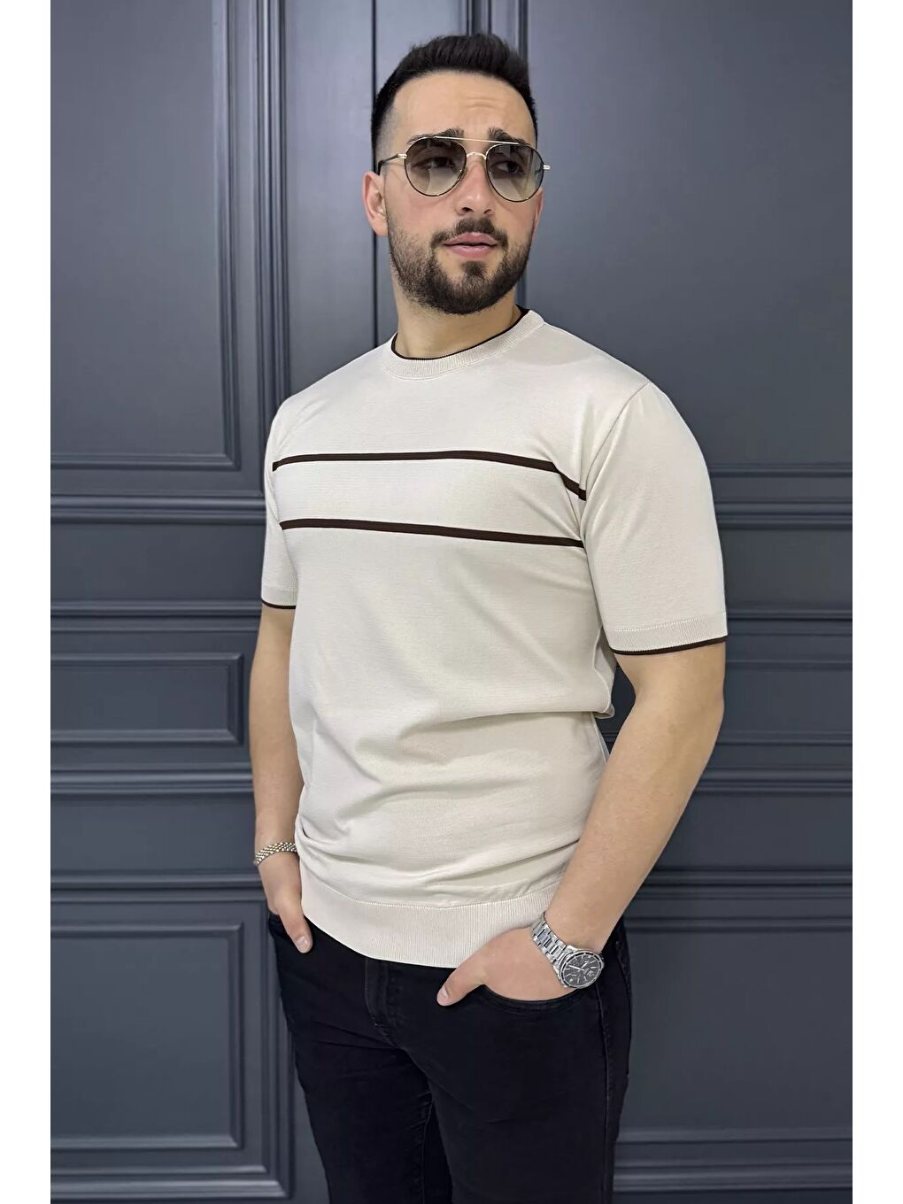 Bej Çizgi Detaylı Bisiklet Yaka Erkek T-shirt-1