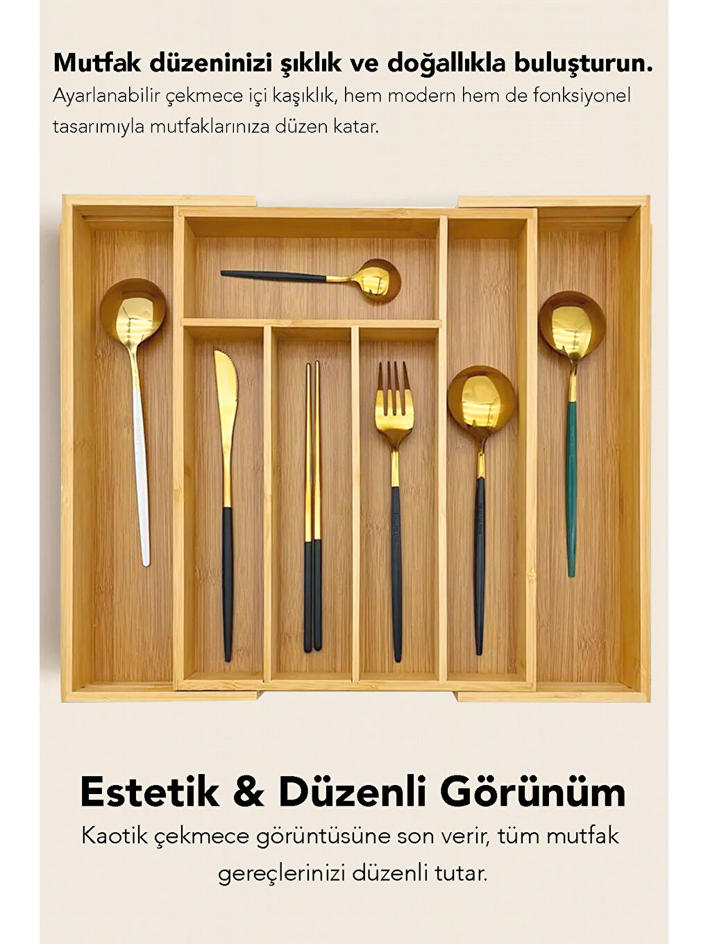 Bej Ayarlanabilir Bambu Kaşıklık-3