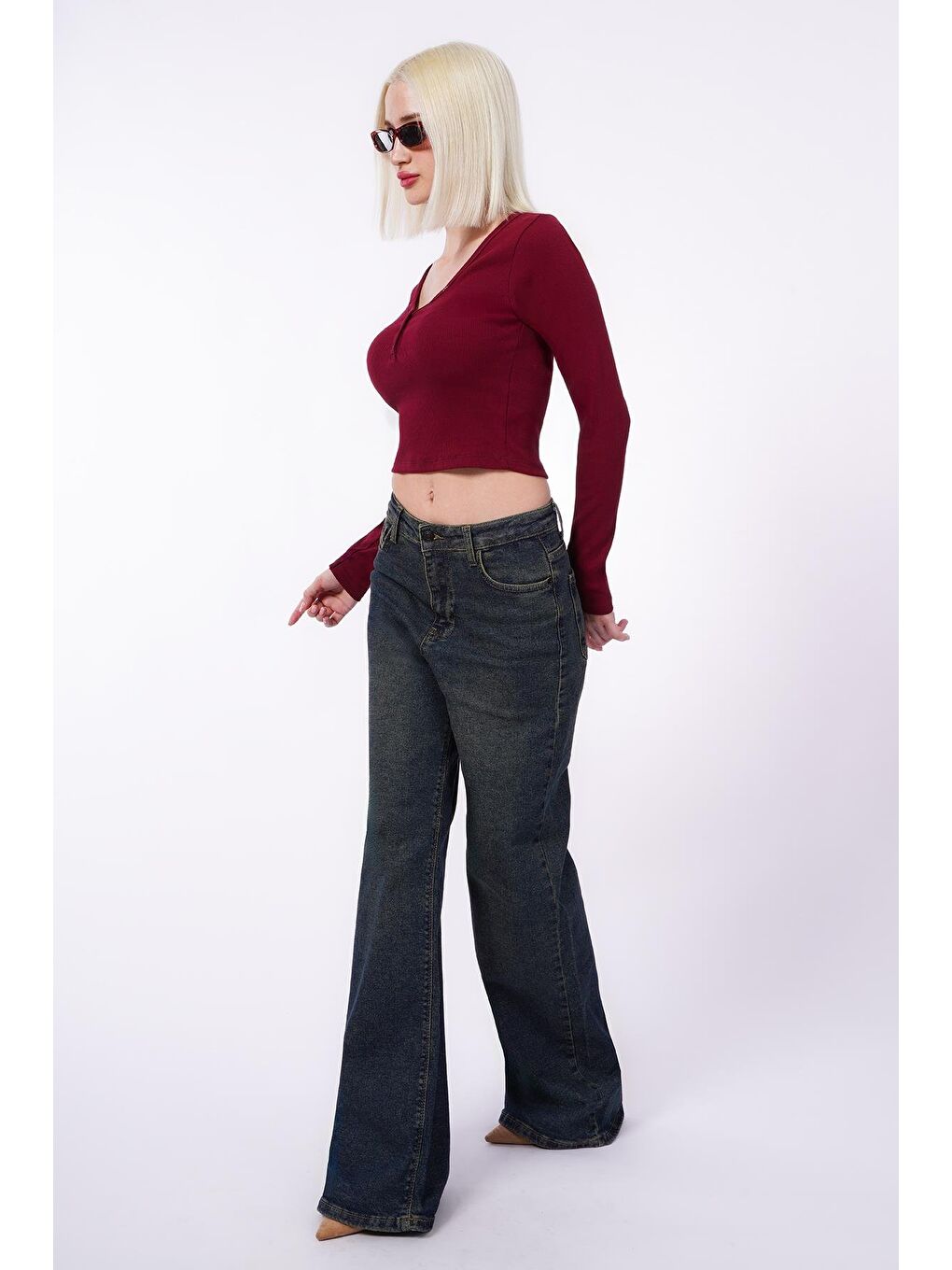 Bordo V Yaka Uzun Kollu Düğme Detaylı Kaşkorse Bodysuit Mg2194-5