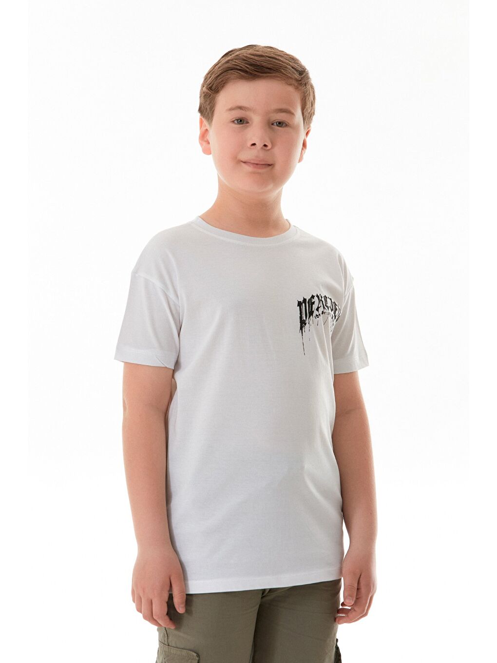 Beyaz Yazı Baskılı Bisiklet Yaka Erkek Çocuk Tişört-2