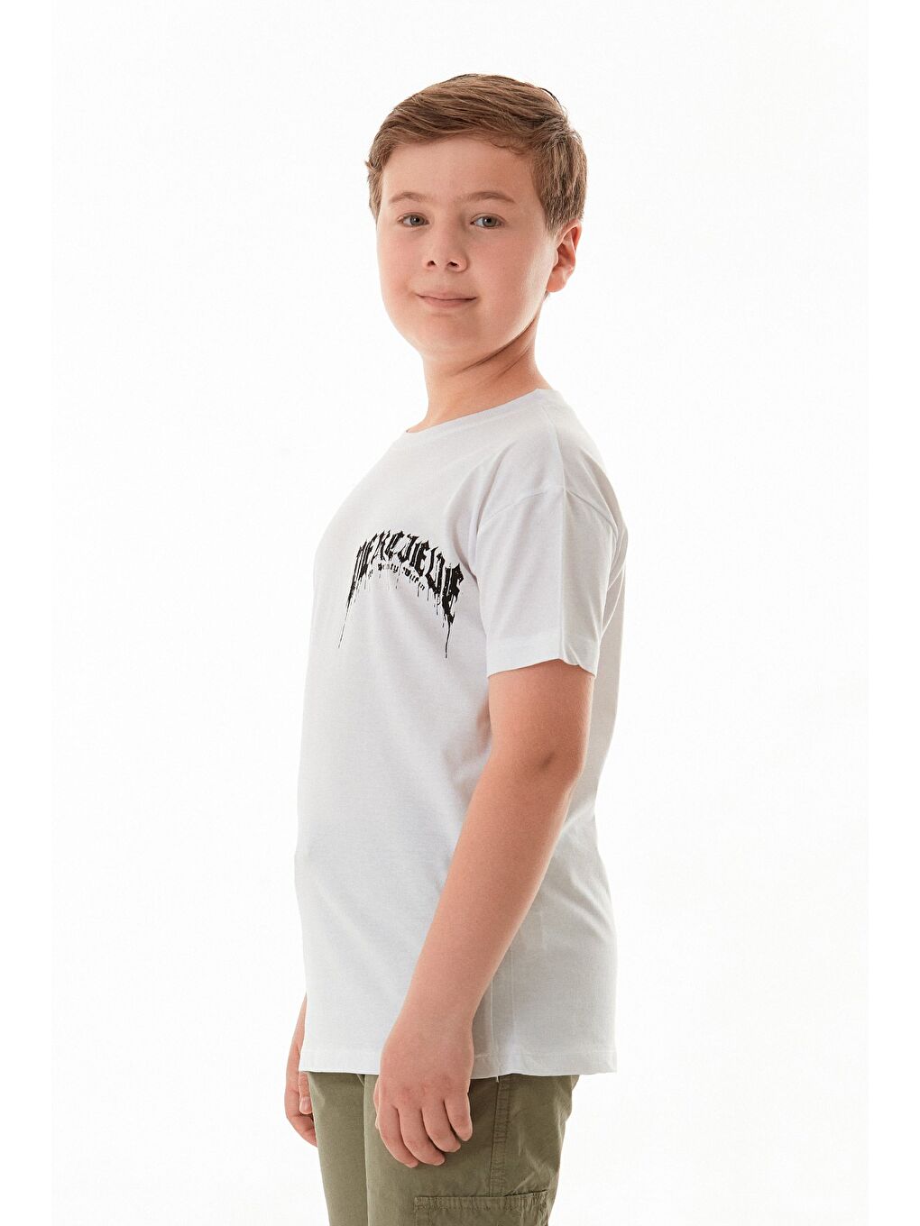 Beyaz Yazı Baskılı Bisiklet Yaka Erkek Çocuk Tişört-4