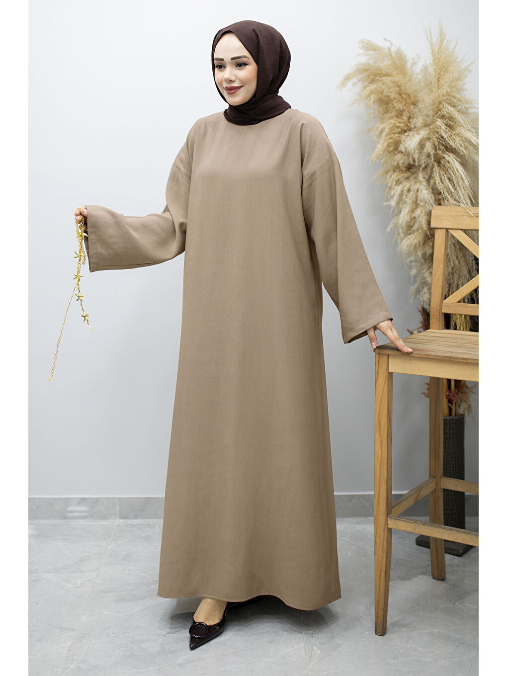 Bej Zincir Kemerli Elbise TSD260191 Vizon-2