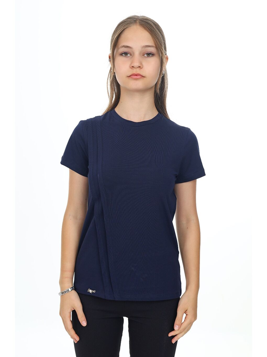 Lacivert Kız Çocuk Bisiklet Yaka Kısa Kollu Pileli Tişört