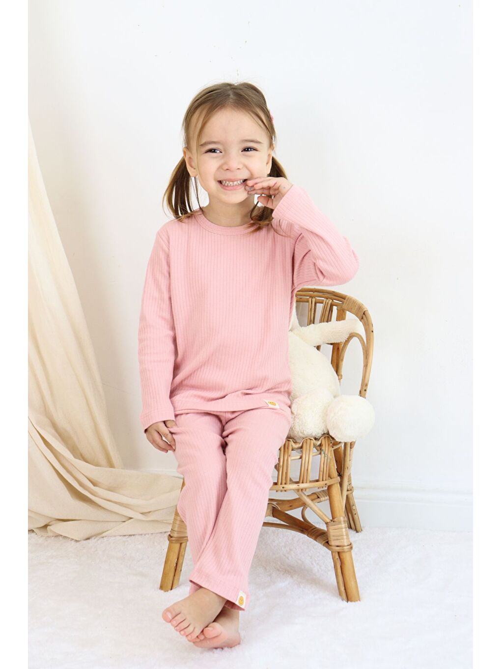 Pembe Basic Fitilli İnterlok Kumaş %100 Pamuk 1-5 Yaş Beyaz Bebek Pijama Takımı