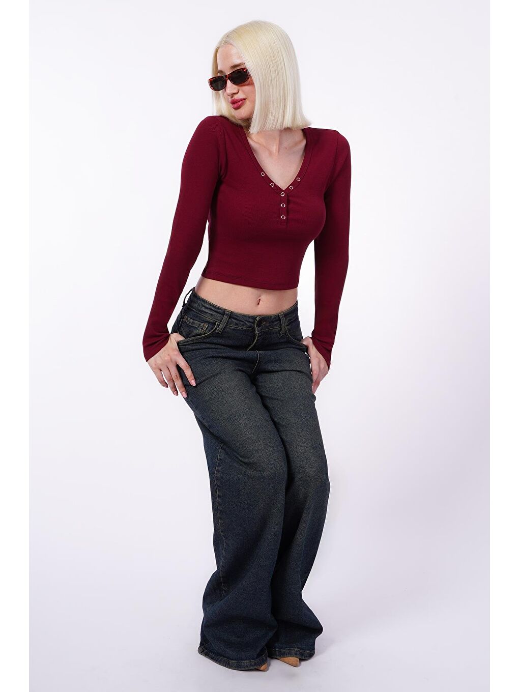 Bordo V Yaka Uzun Kollu Düğme Detaylı Kaşkorse Bodysuit Mg2194-6