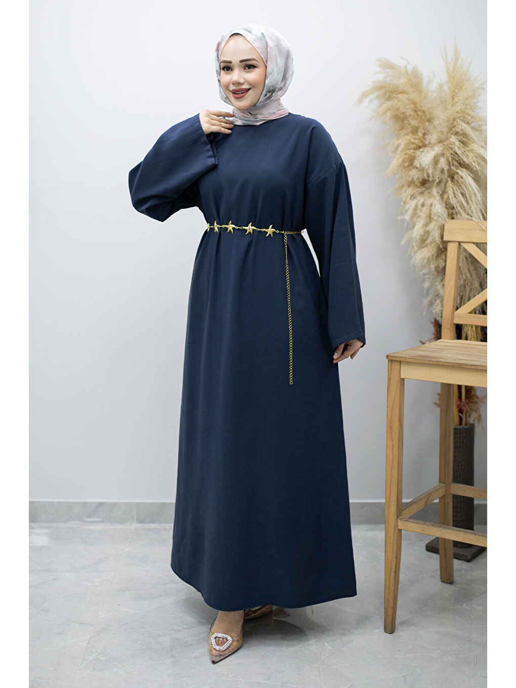 Zincir Kemerli Elbise TSD260191 Lacivert-4