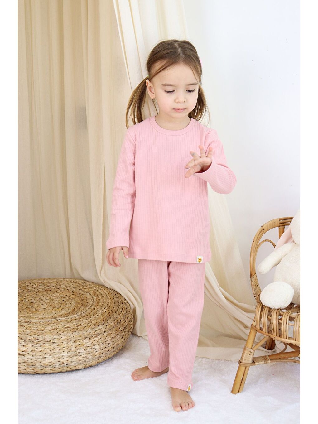 Pembe Basic Fitilli İnterlok Kumaş %100 Pamuk 1-5 Yaş Beyaz Bebek Pijama Takımı-1