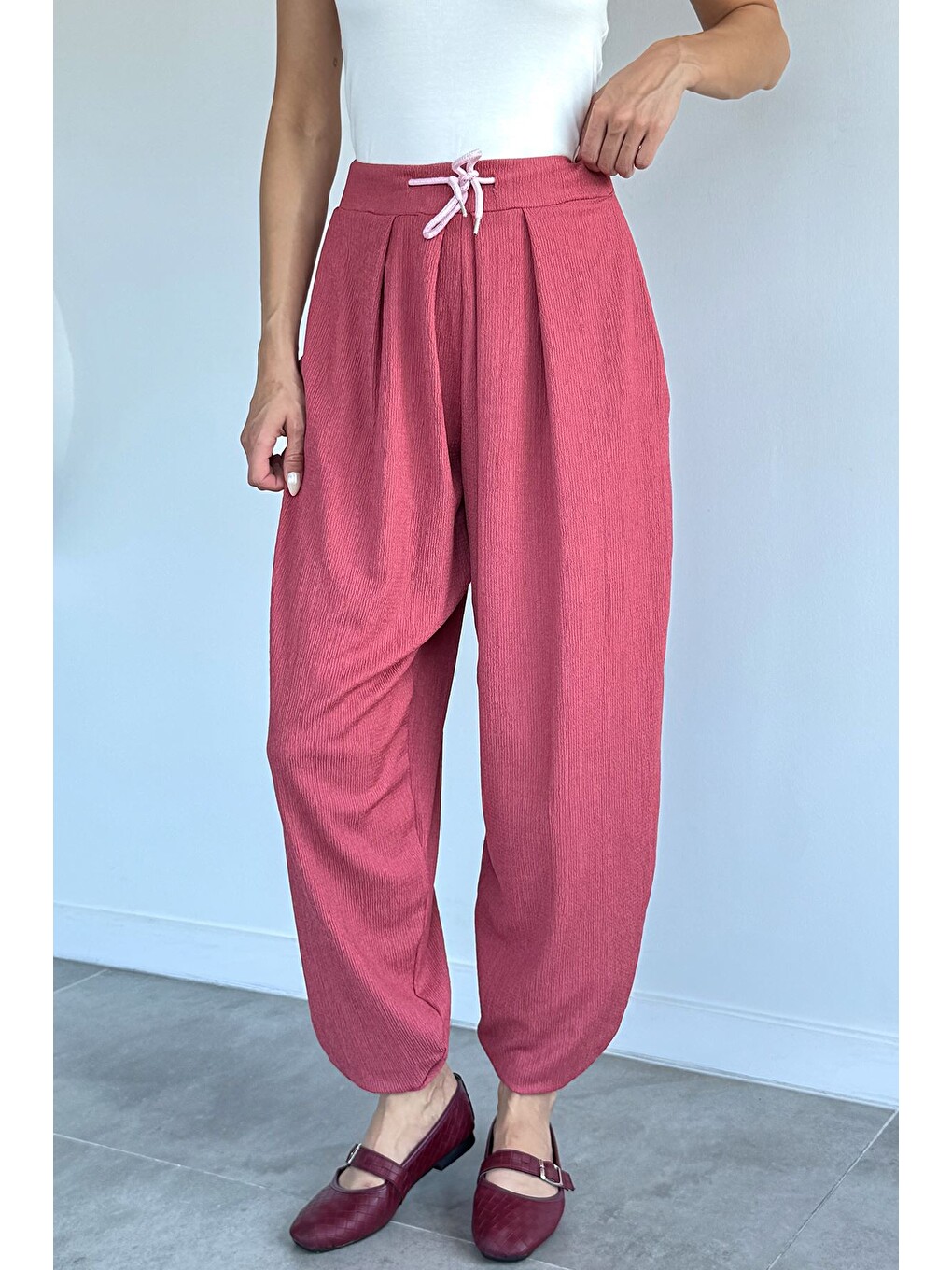 Pembe Bel Lastikli Şalvar Pantolon-1