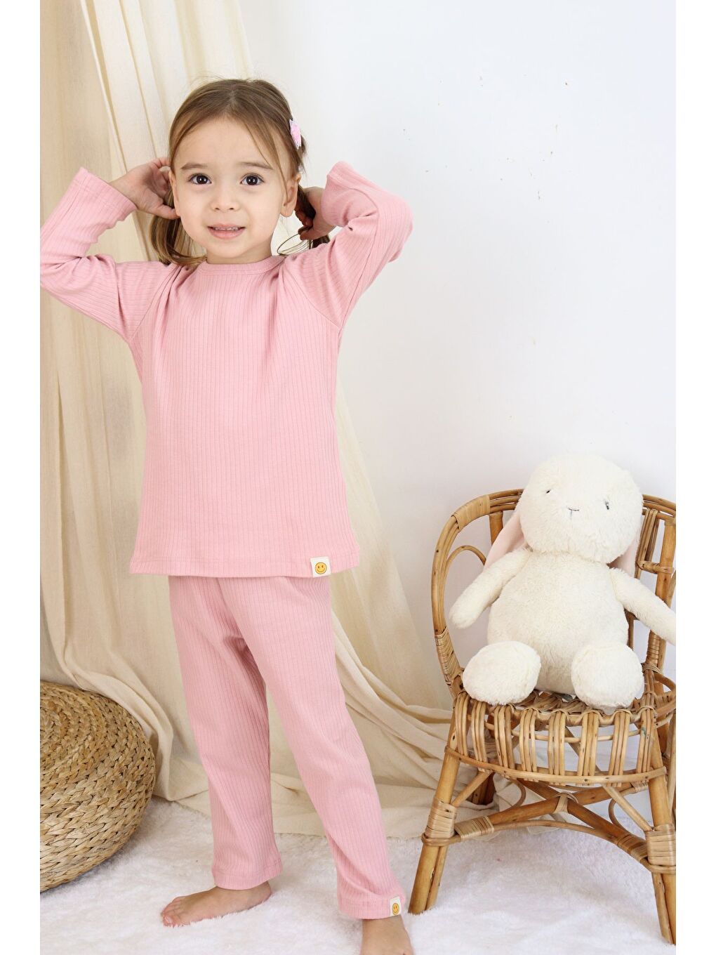 Pembe Basic Fitilli İnterlok Kumaş %100 Pamuk 1-5 Yaş Beyaz Bebek Pijama Takımı-2