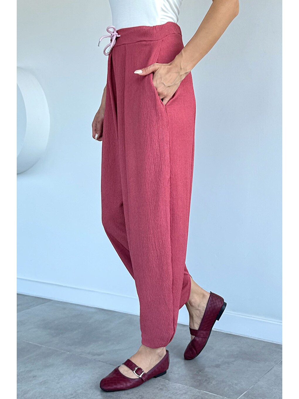 Pembe Bel Lastikli Şalvar Pantolon-2