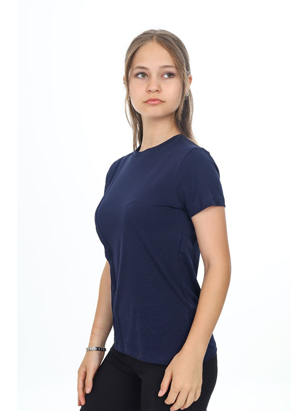 Lacivert Kız Çocuk Bisiklet Yaka Kısa Kollu Pileli Tişört-3
