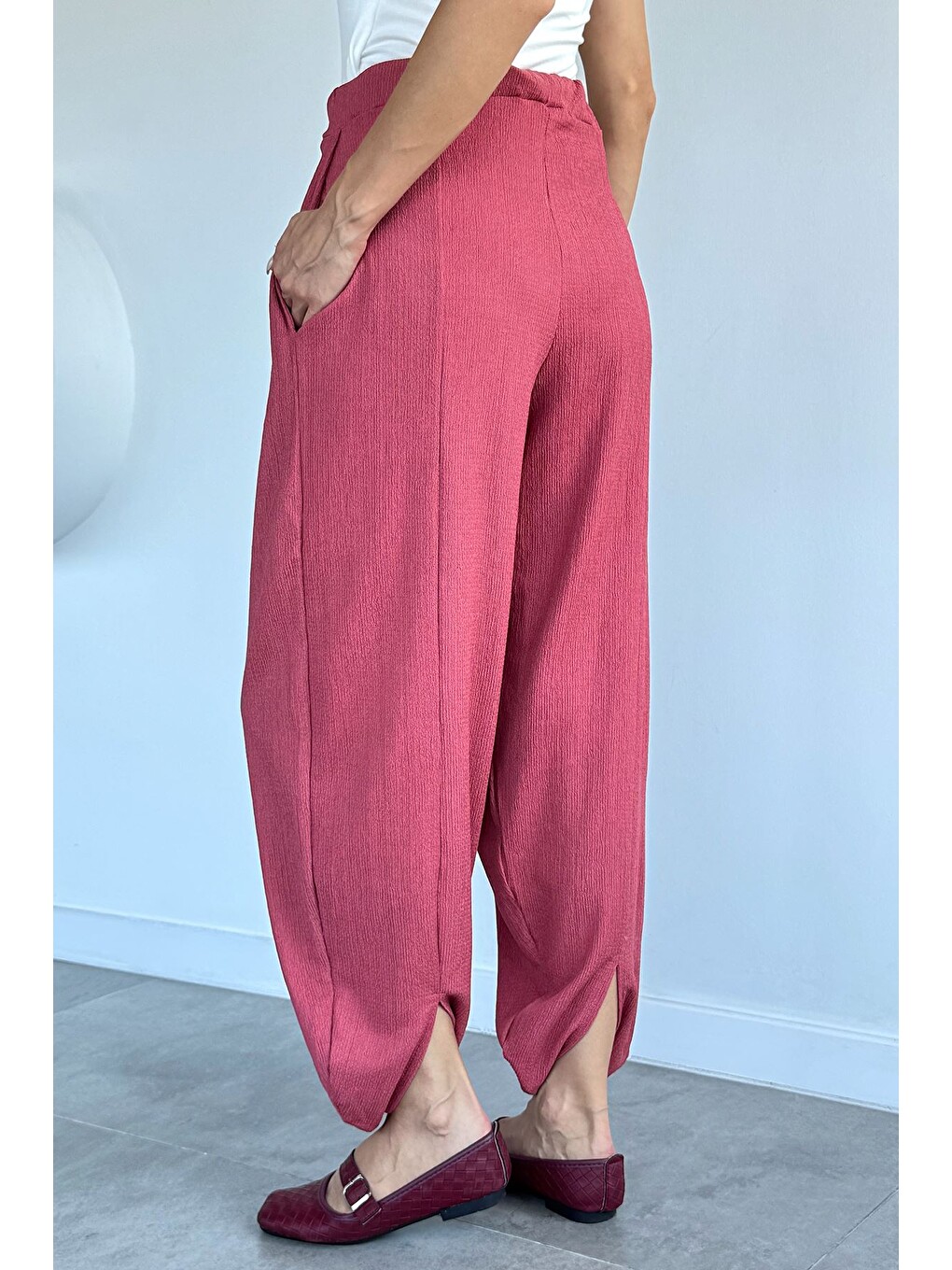 Pembe Bel Lastikli Şalvar Pantolon-3