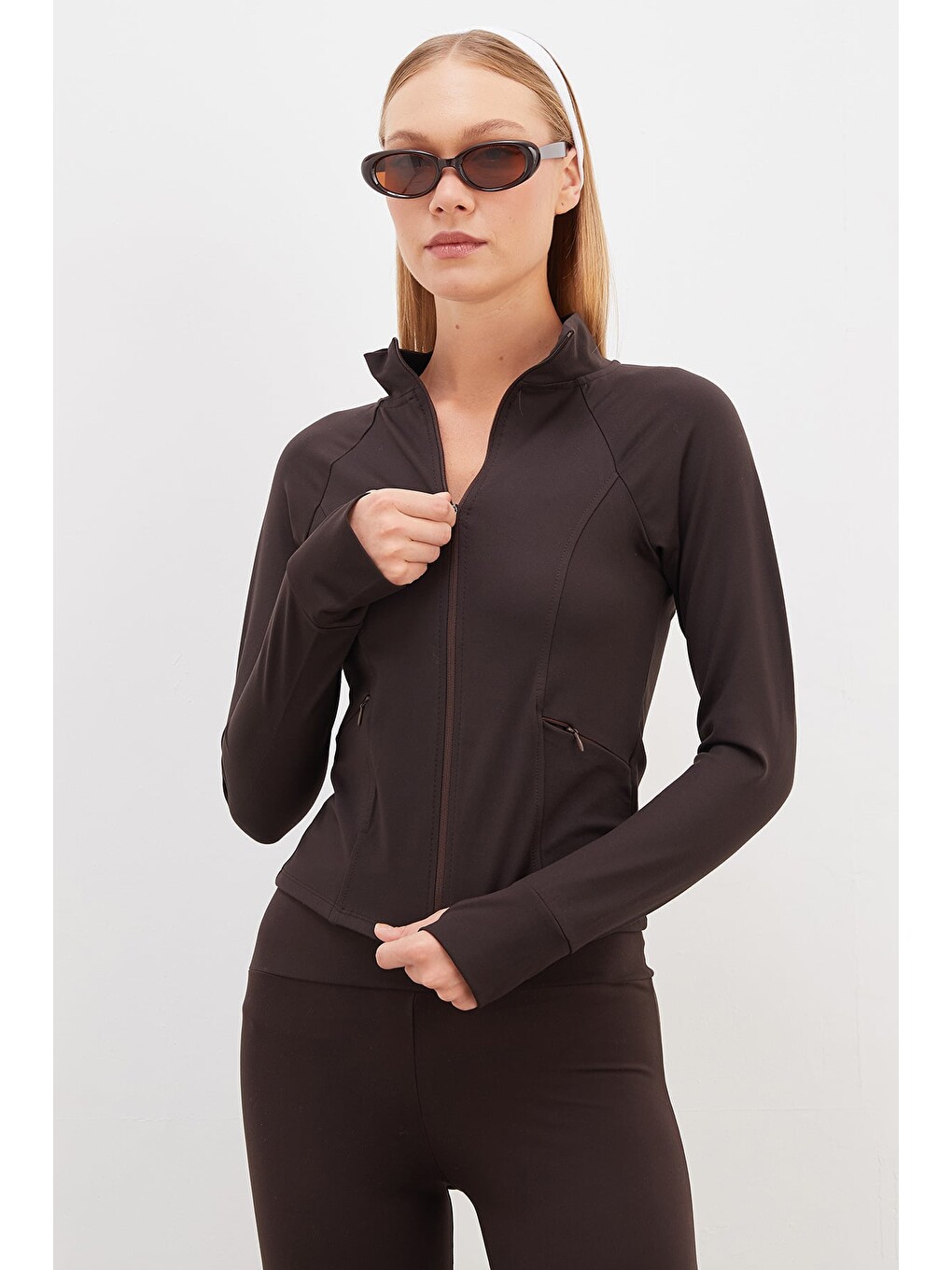 Kahverengi Parmak Geçirmeli Dalgıç Kumaş Slim Fit Ceket-2