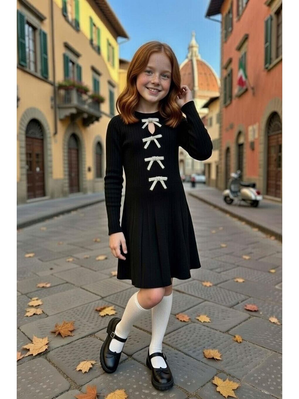 Kız Çocuk Bisiklet Yaka Önden Kurdela Detaylı Kazak Pliseli Triko Siyah Etekli Takım-1