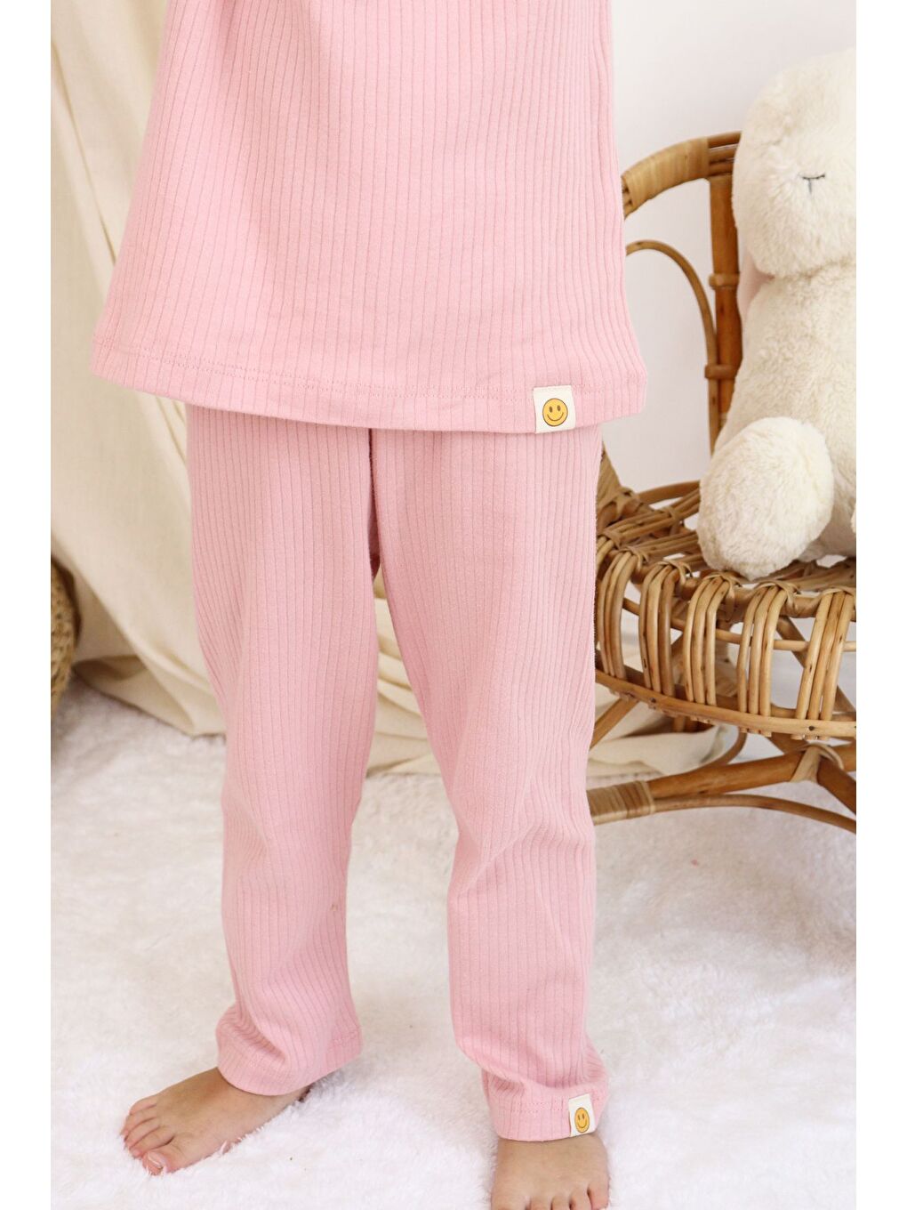 Pembe Basic Fitilli İnterlok Kumaş %100 Pamuk 1-5 Yaş Beyaz Bebek Pijama Takımı-3
