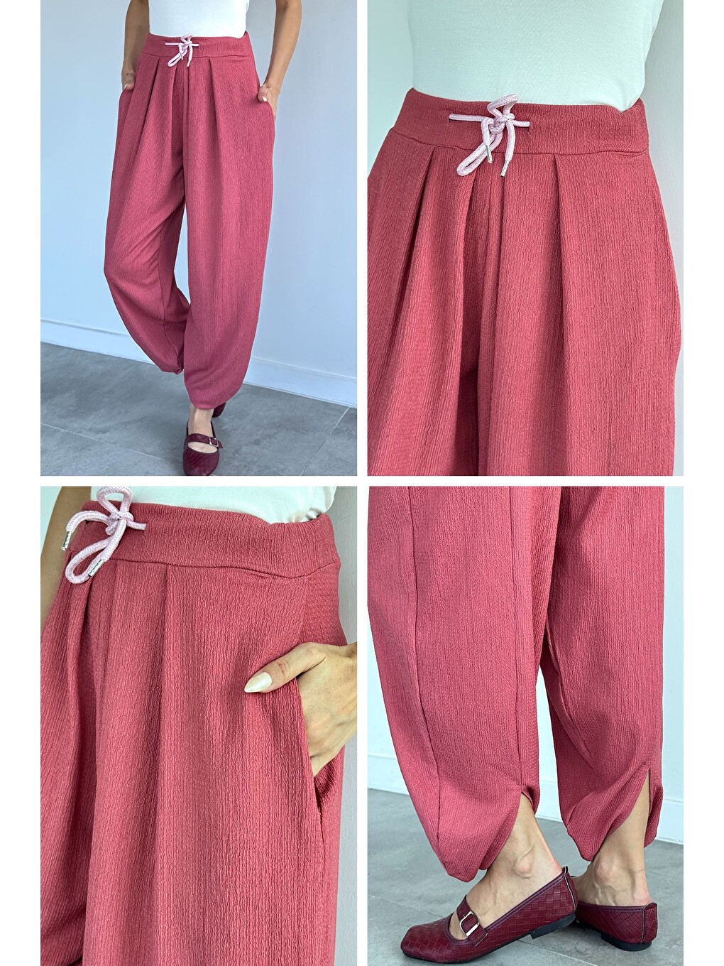 Pembe Bel Lastikli Şalvar Pantolon-4