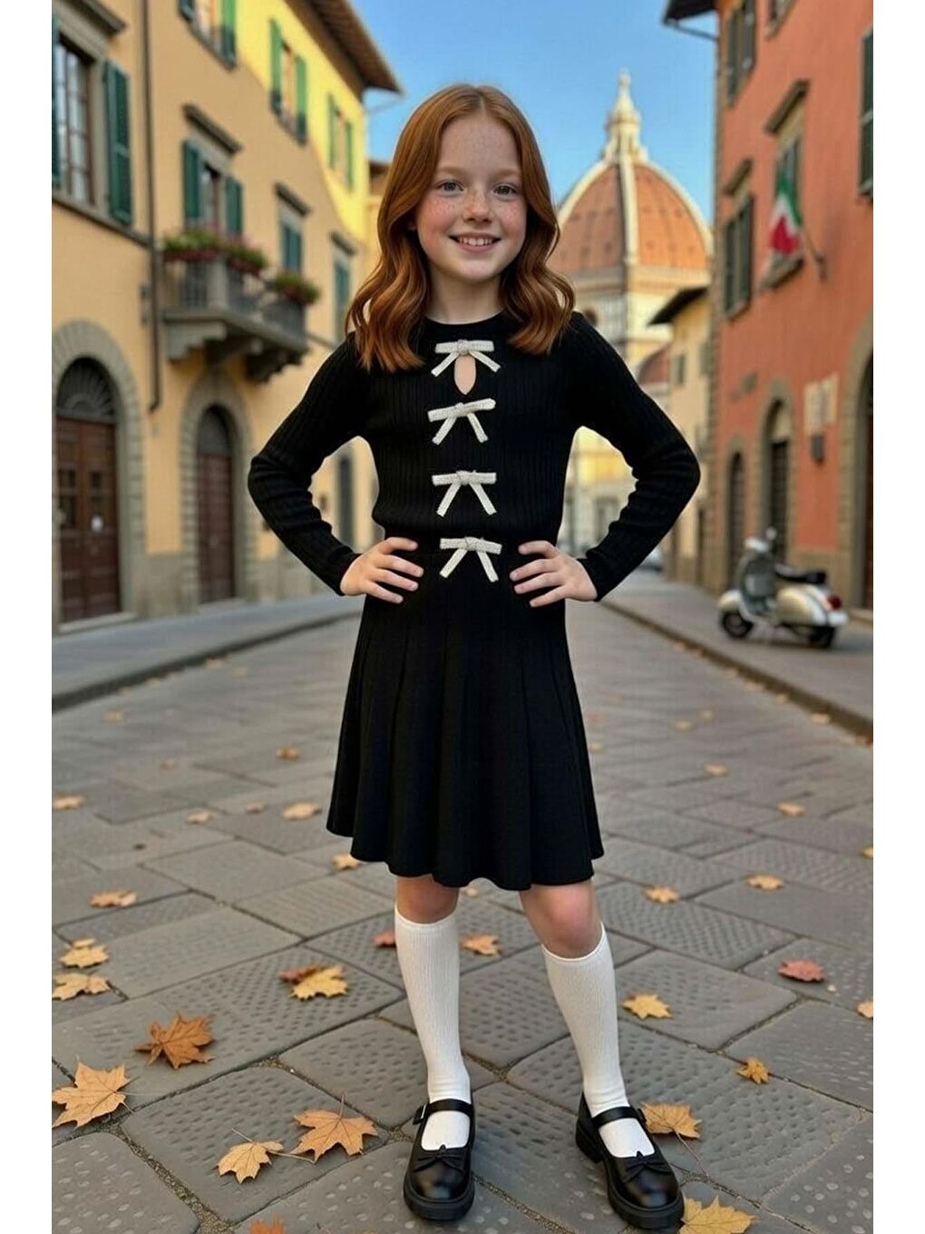 Kız Çocuk Bisiklet Yaka Önden Kurdela Detaylı Kazak Pliseli Triko Siyah Etekli Takım-2