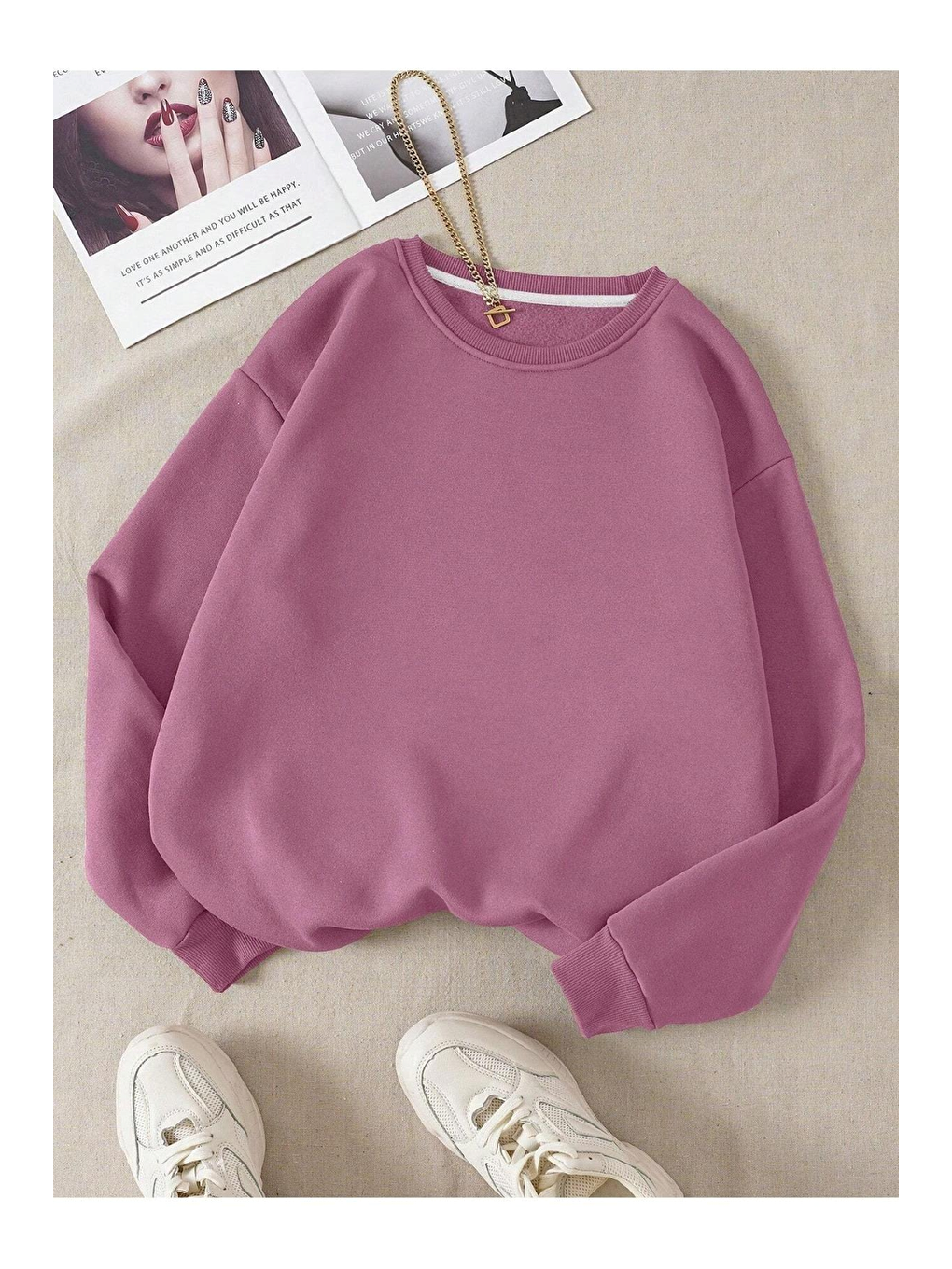 Trendseninle Pembe Leylak Kadın Leylak Düz Bisiklet Yaka Sweatshirt