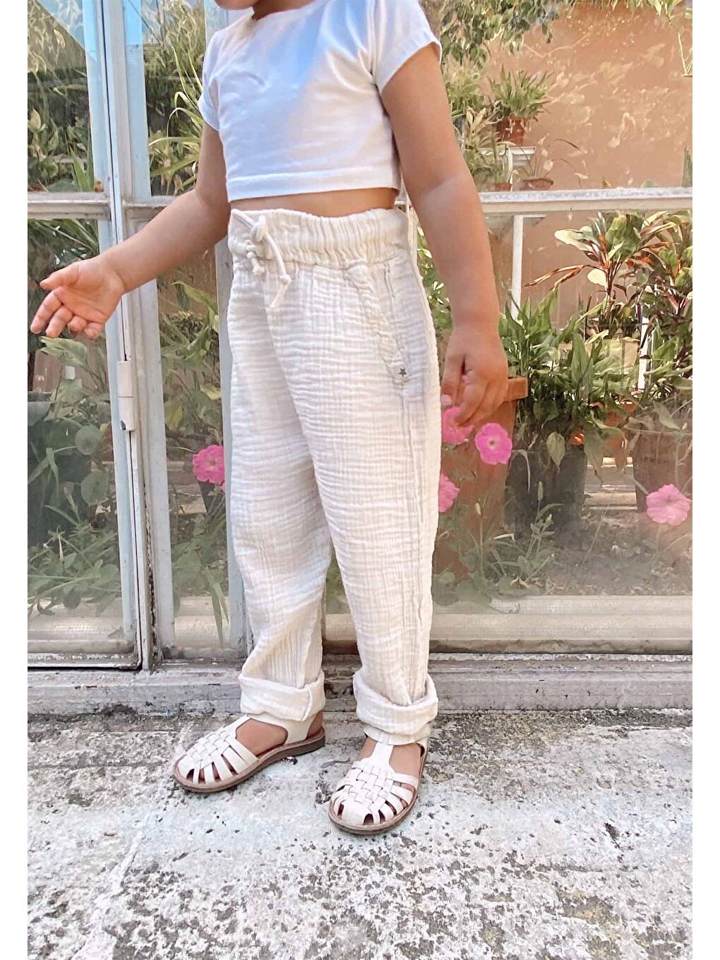 Ekru Kız Çocuk Müslin Pantolon