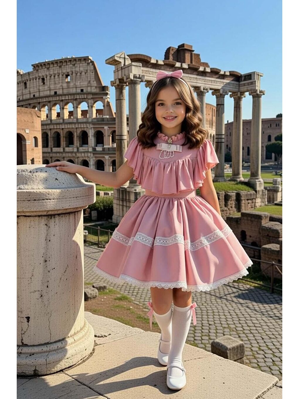 Kız Çocuk Göğsü ve Omuzları Fırfırlı Eteği Piliseli Dantel Şerit Detaylı Kolsuz Pembe Elbise