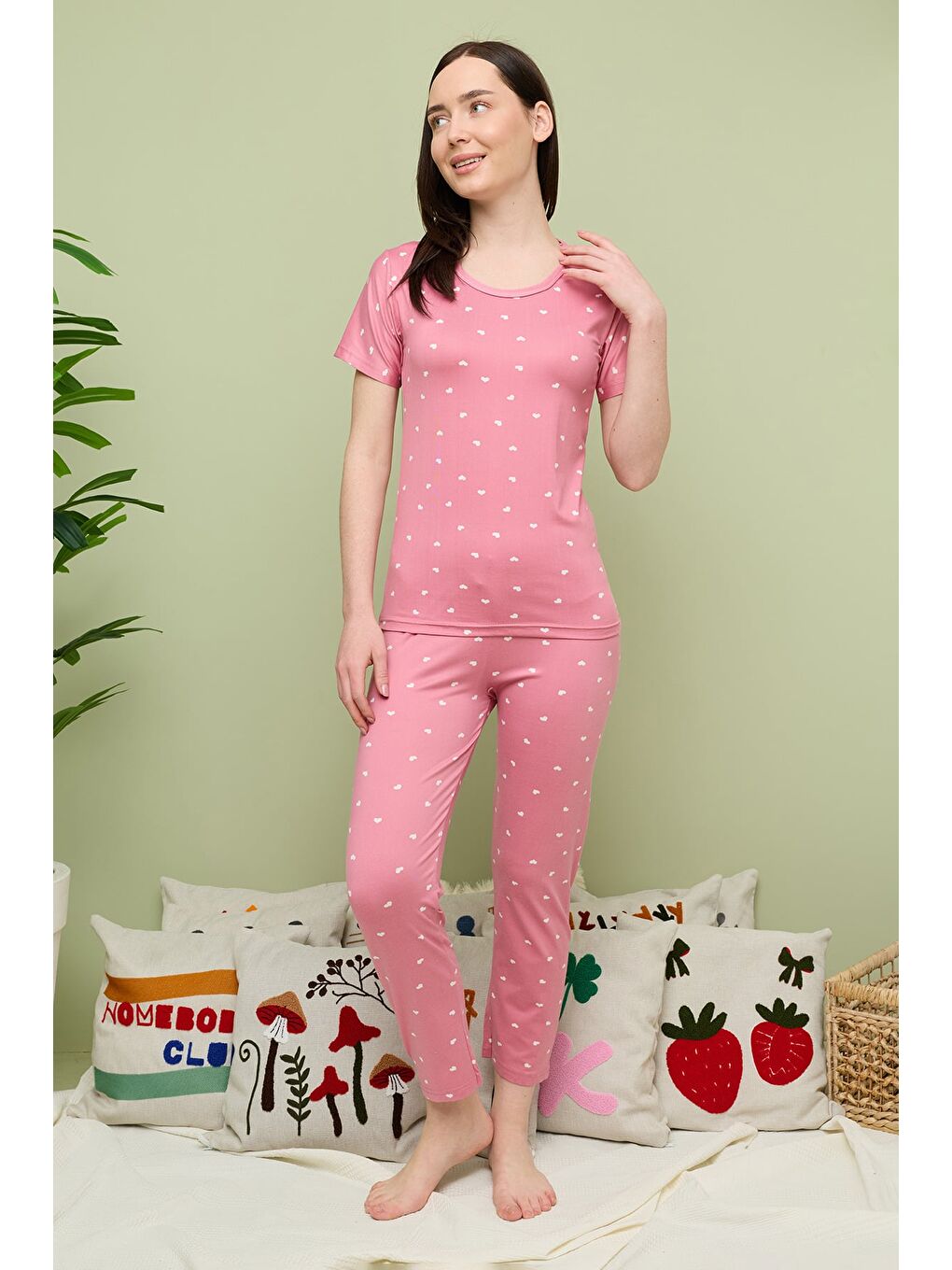 Pembe Büyük Kalpli Desenli Bisiklet Yaka Kısa Kollu Pijama Takımı-2