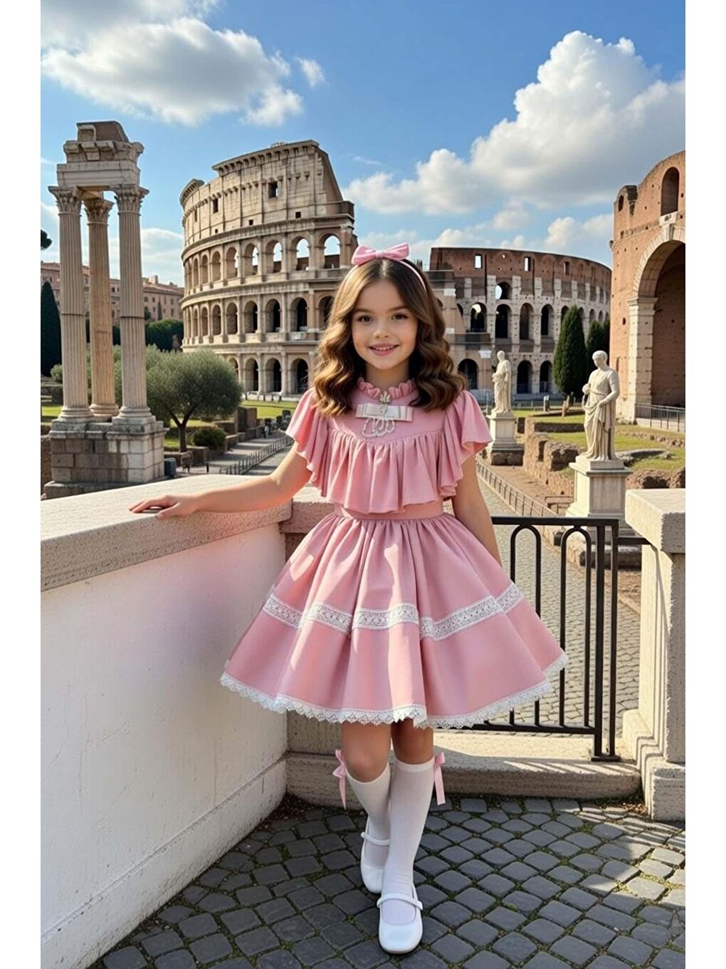 Kız Çocuk Göğsü ve Omuzları Fırfırlı Eteği Piliseli Dantel Şerit Detaylı Kolsuz Pembe Elbise-1