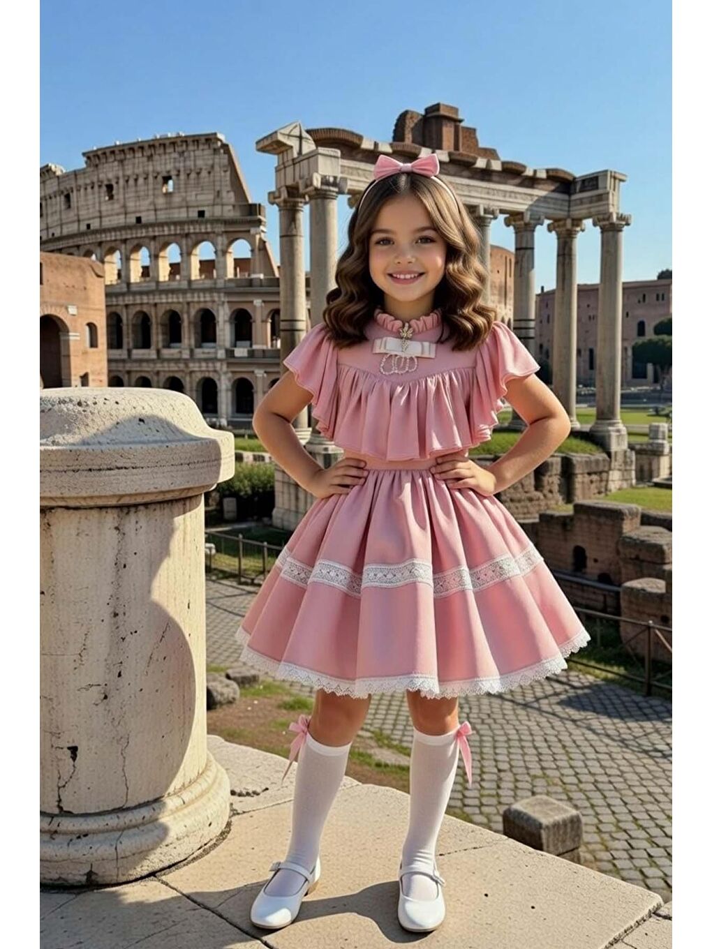 Kız Çocuk Göğsü ve Omuzları Fırfırlı Eteği Piliseli Dantel Şerit Detaylı Kolsuz Pembe Elbise-2
