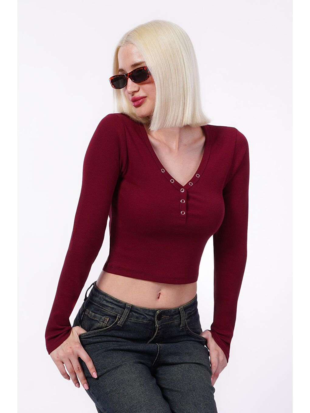 Bordo V Yaka Uzun Kollu Düğme Detaylı Kaşkorse Bodysuit Mg2194-8