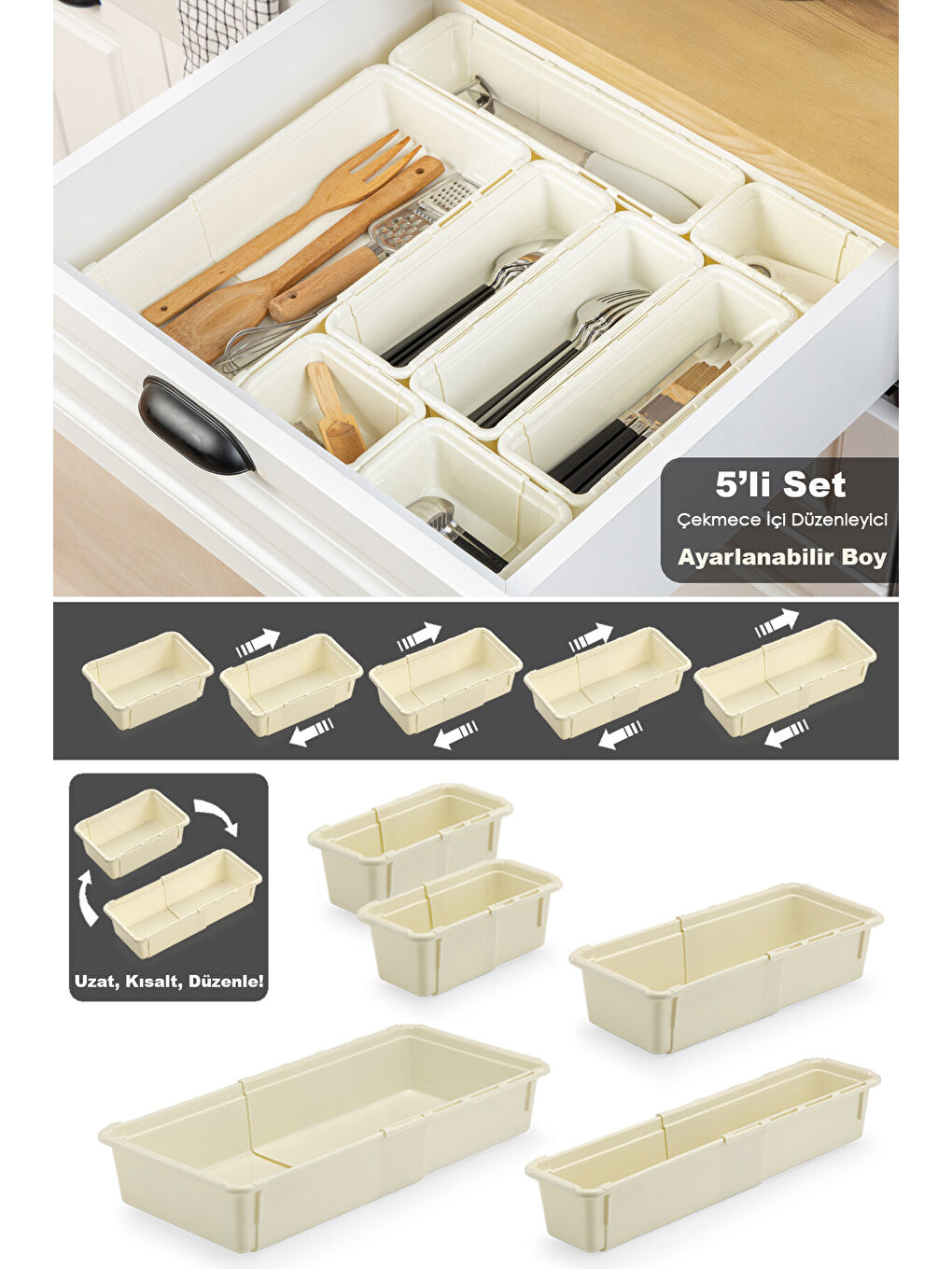 Bej 5'li Ayarlanabilir Kaşıklık Seti