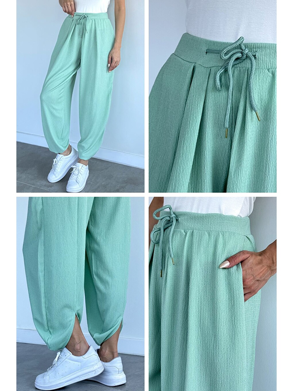 Yeşil Bel Lastikli Şalvar Pantolon-4