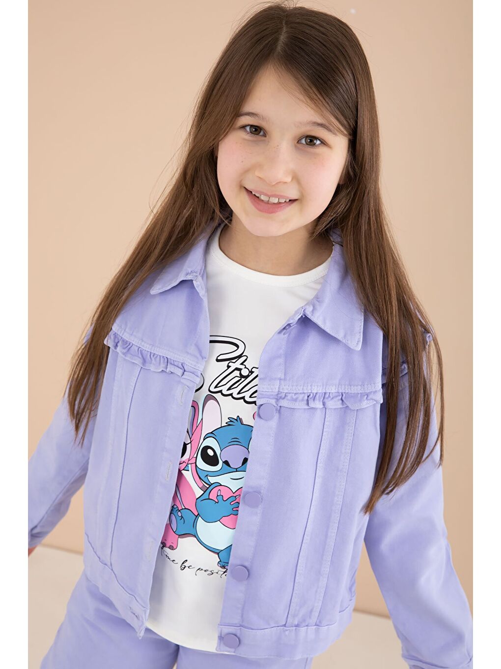 Lila Sevimli Karakter Baskılı Ceketli ve Pantolonlu 3lü Kız Çocuk Takım 23586-1