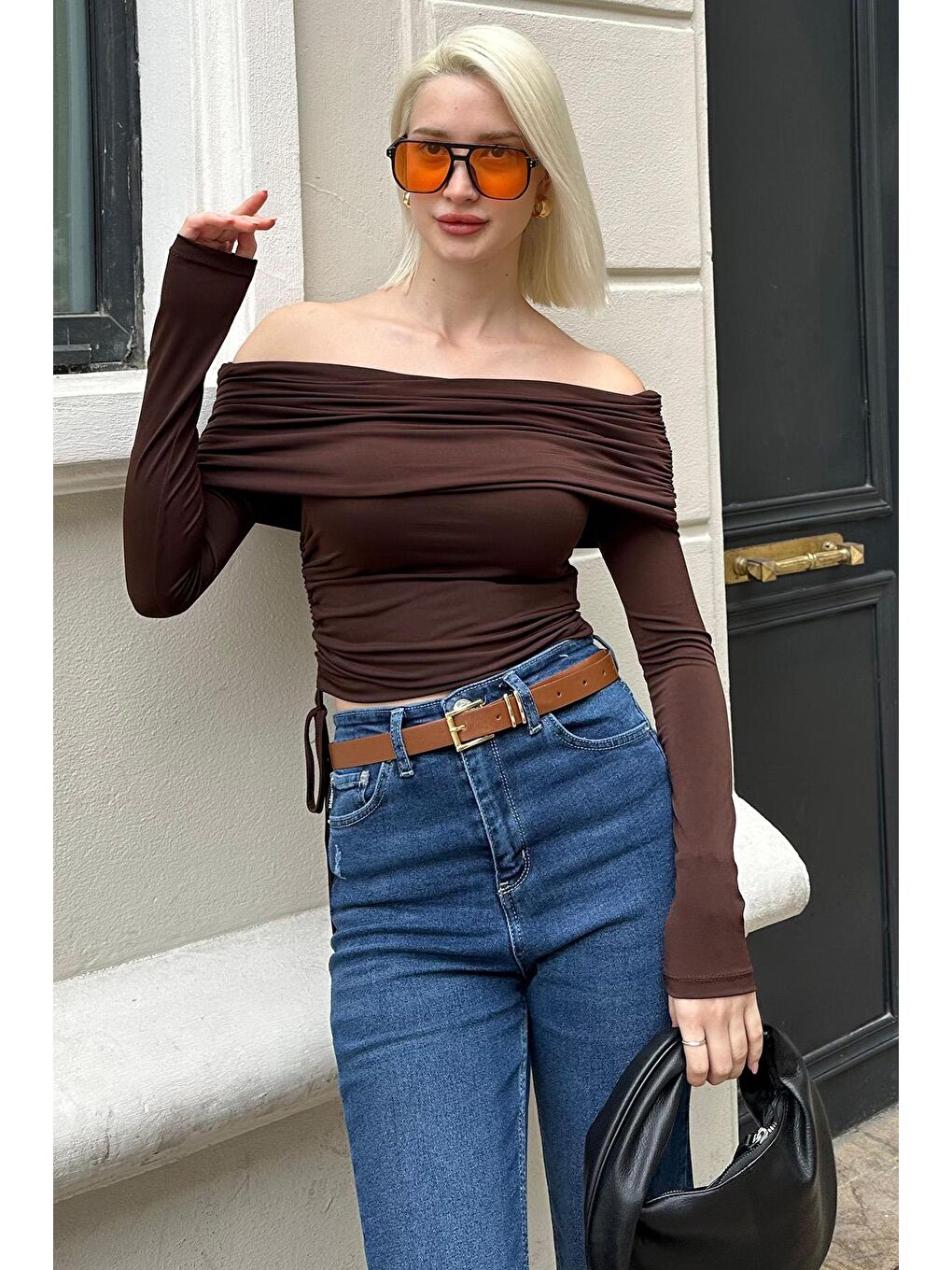 Kahverengi Büzgülü Kayık Yaka Kadın Bodysuit Mg2250-1
