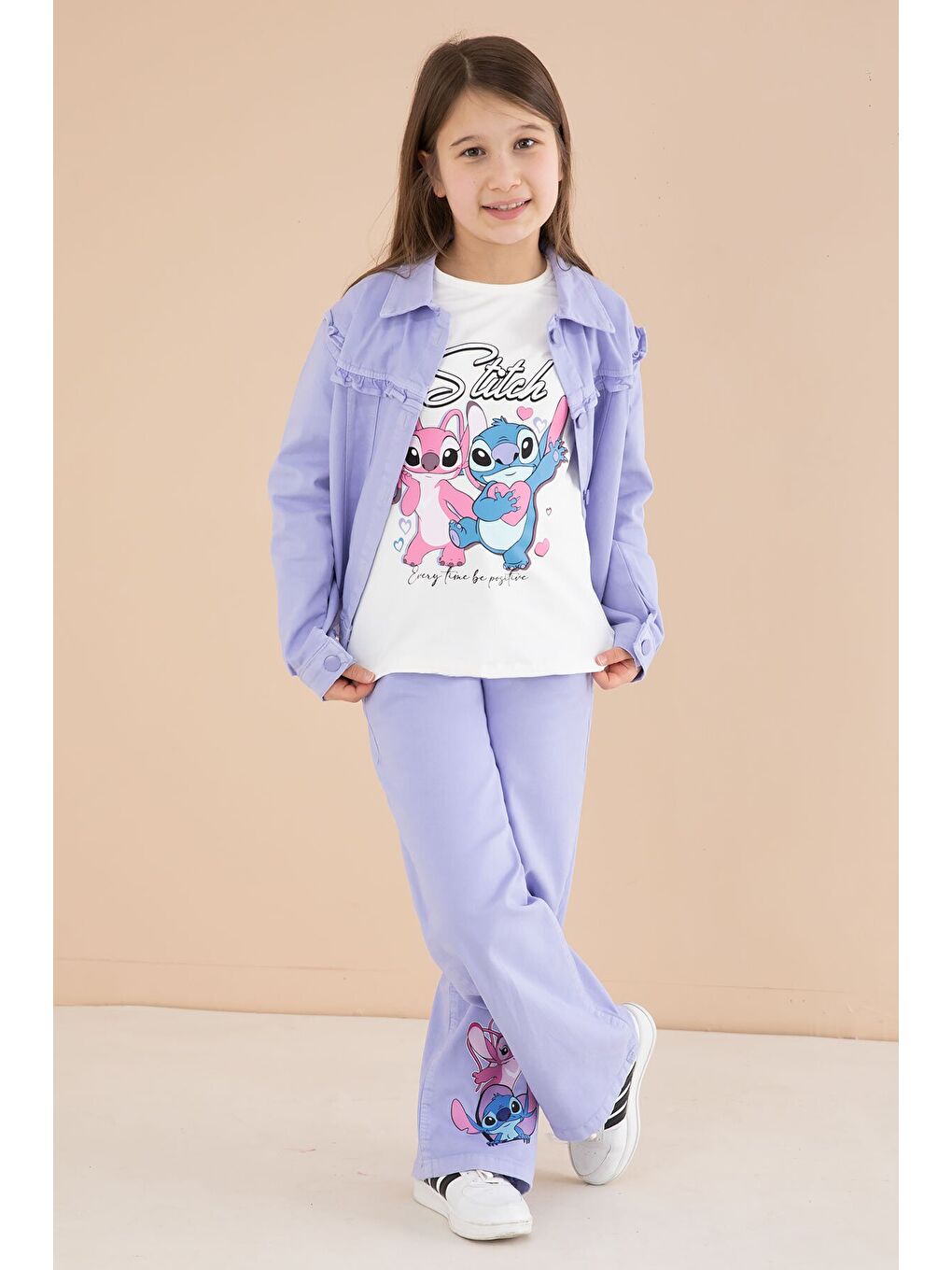 Lila Sevimli Karakter Baskılı Ceketli ve Pantolonlu 3lü Kız Çocuk Takım 23586-2
