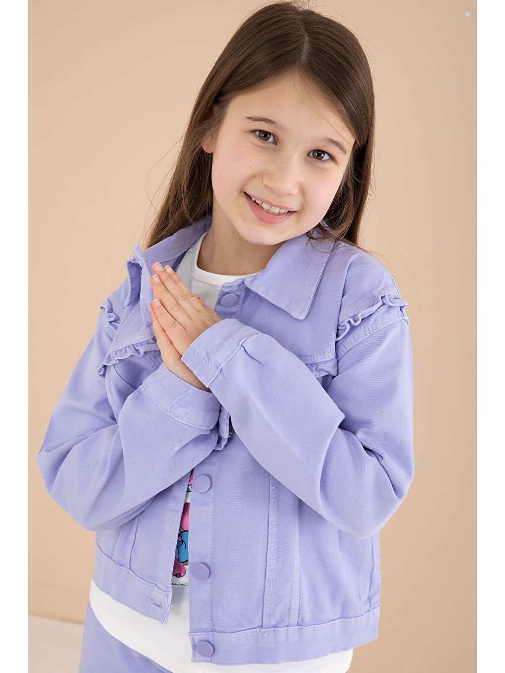 Lila Sevimli Karakter Baskılı Ceketli ve Pantolonlu 3lü Kız Çocuk Takım 23586-3