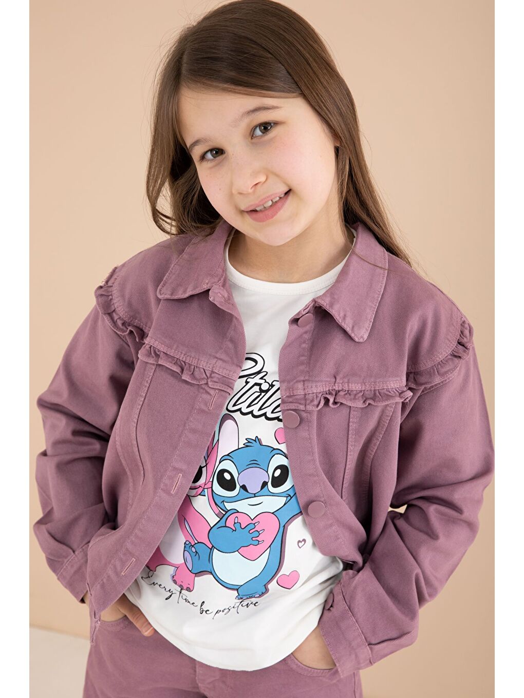 Pembe Gül Kurusu Sevimli Karakter Baskılı Ceketli ve Pantolonlu 3lü Kız Çocuk Takım 23587-1