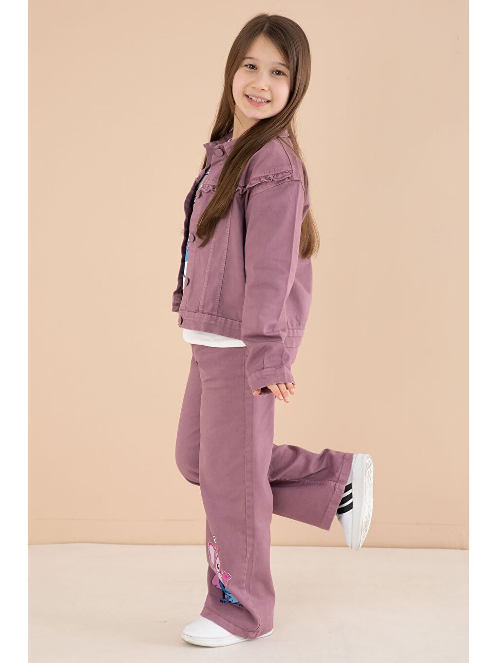 Pembe Gül Kurusu Sevimli Karakter Baskılı Ceketli ve Pantolonlu 3lü Kız Çocuk Takım 23587-2