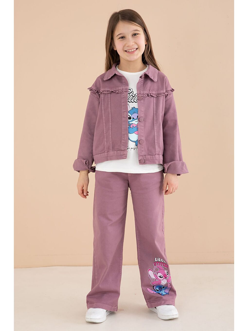 Pembe Gül Kurusu Sevimli Karakter Baskılı Ceketli ve Pantolonlu 3lü Kız Çocuk Takım 23587-3