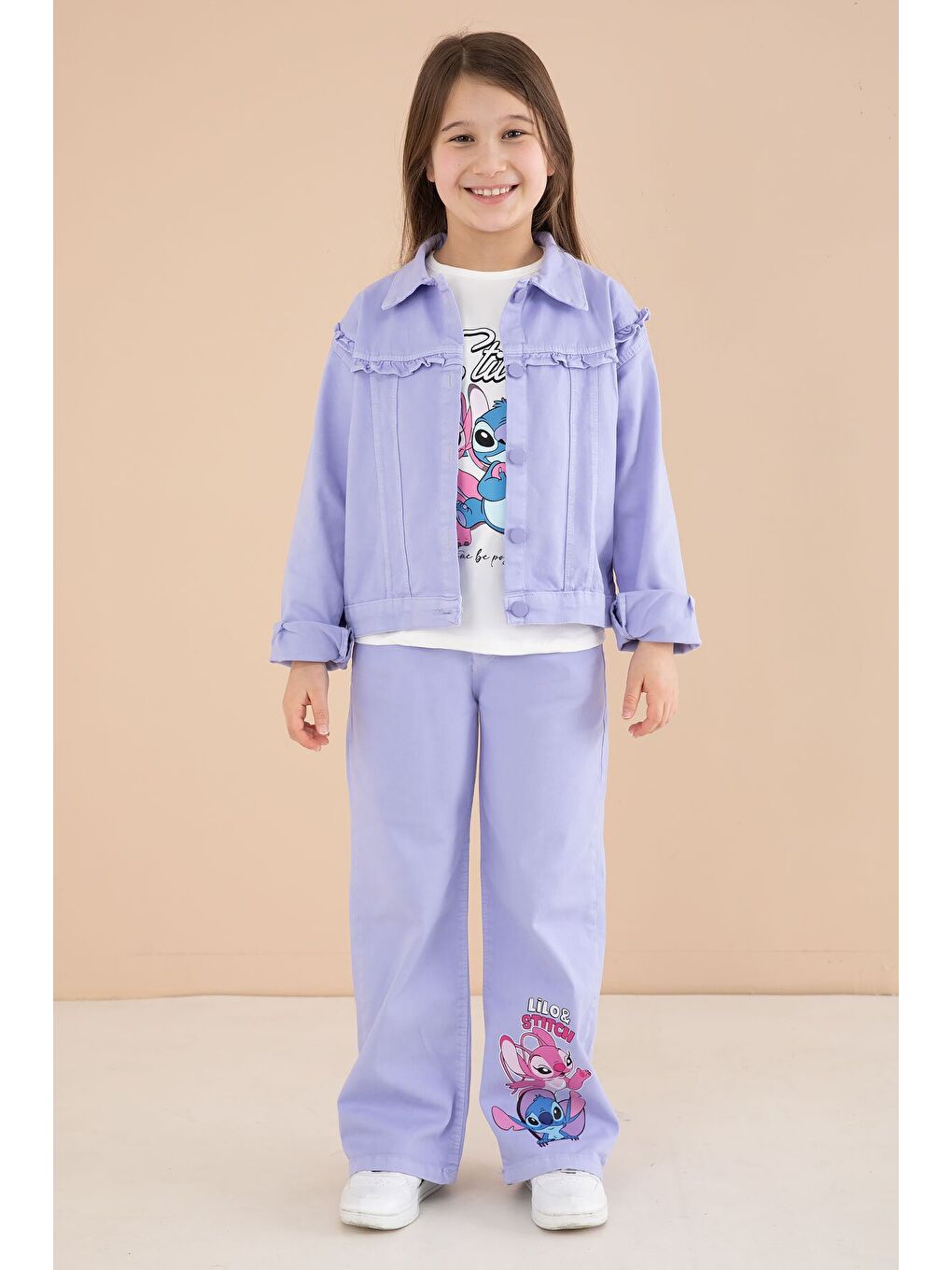 Lila Sevimli Karakter Baskılı Ceketli ve Pantolonlu 3lü Kız Çocuk Takım 23586-4