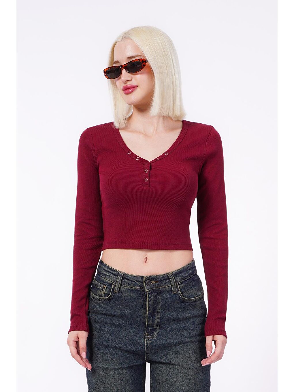 Bordo V Yaka Uzun Kollu Düğme Detaylı Kaşkorse Bodysuit Mg2194-9