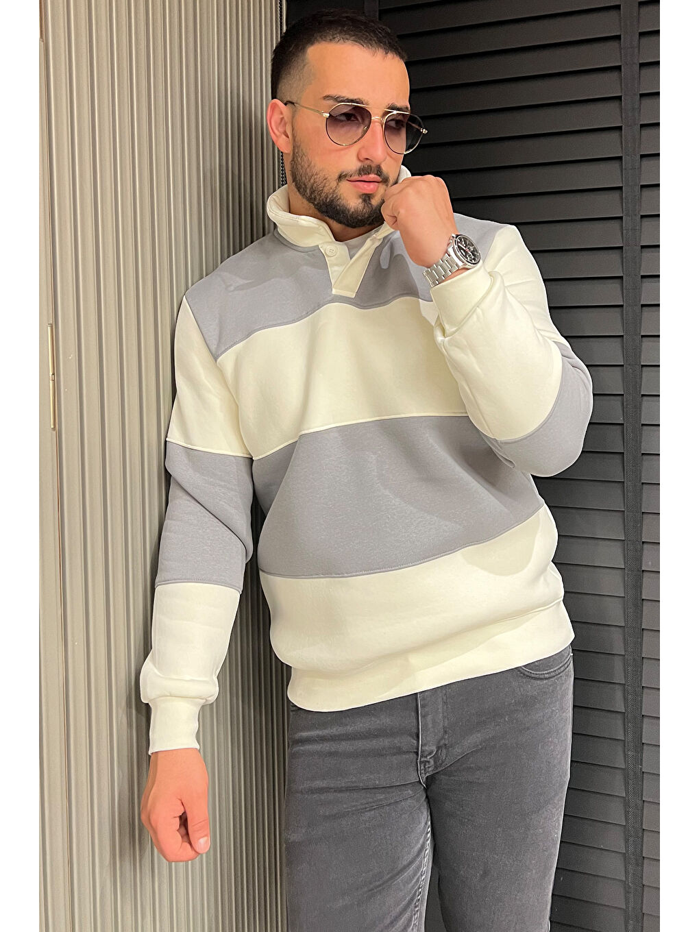 Mishar İtalia Gri Polo Yaka Renk Garnili Üç İplik Şardonlu Erkek Sweatshirt - 1