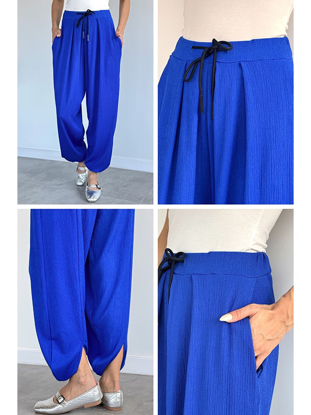 Mavi Bel Lastikli Şalvar Pantolon-4