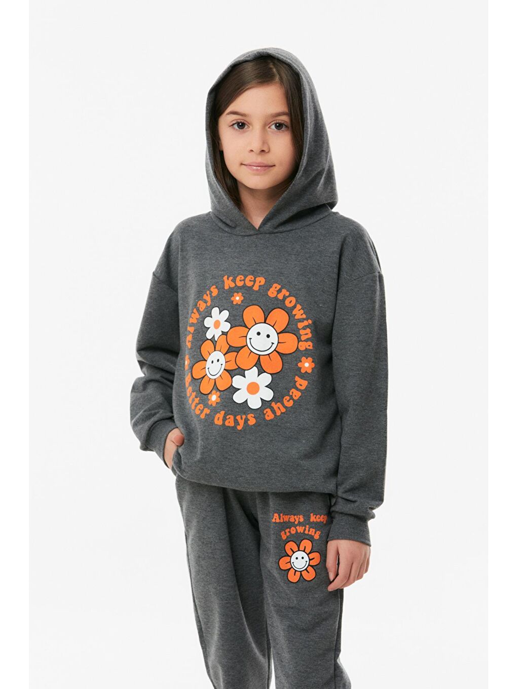 Antrasit Çiçek Baskılı Kız Çocuk Eşofman Takımı-2