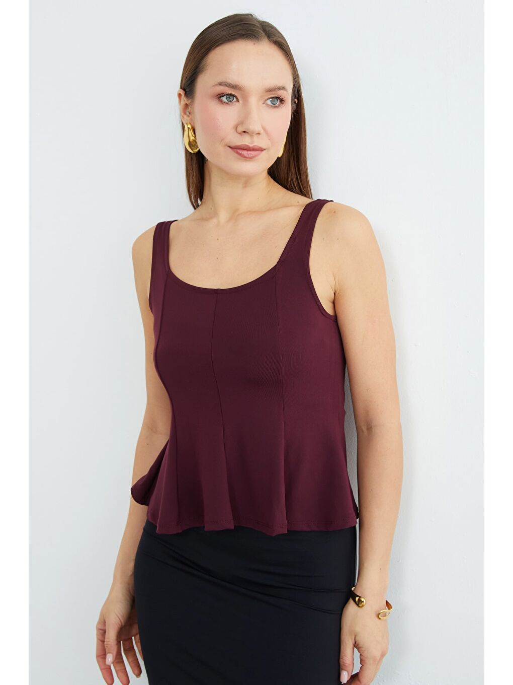 Mürdüm Kalın Askılı Peplum Bluz