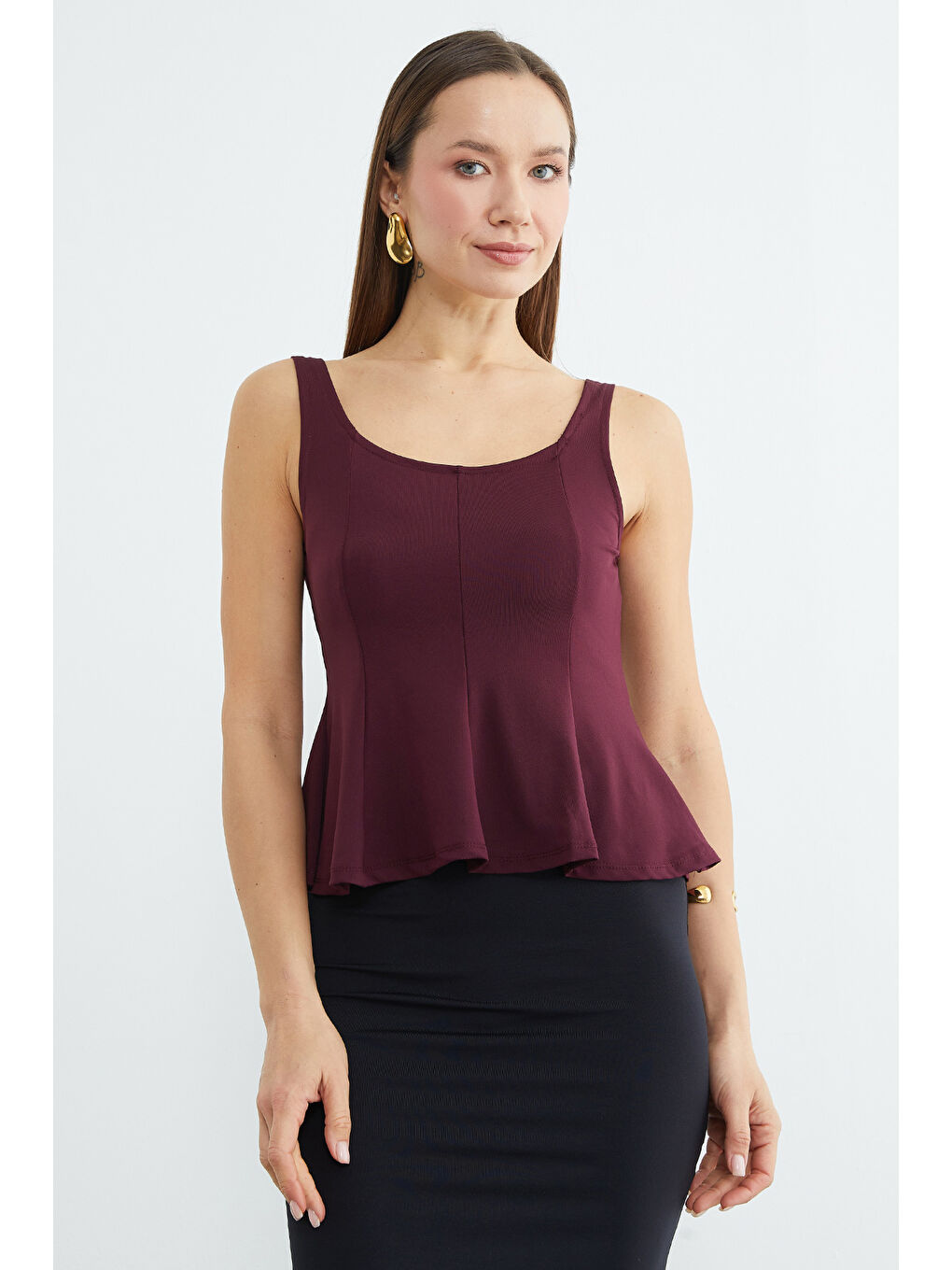 Mürdüm Kalın Askılı Peplum Bluz-1