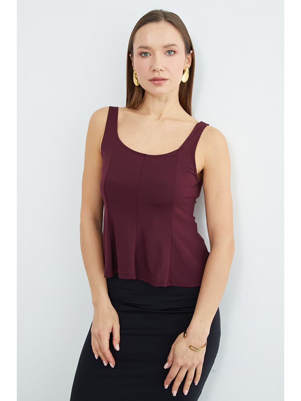 Mürdüm Kalın Askılı Peplum Bluz-2