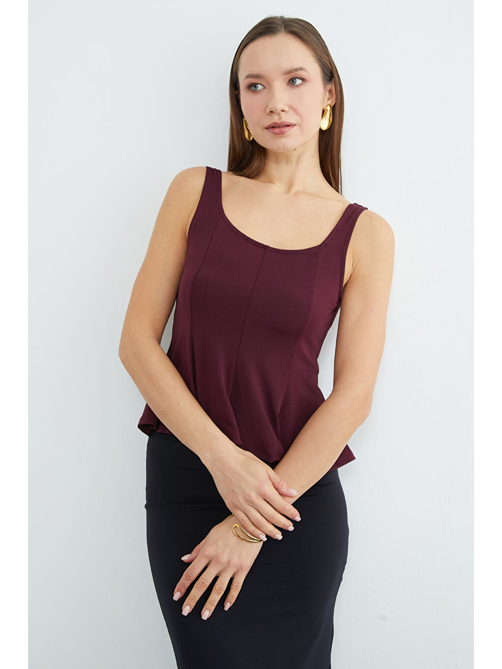 Mürdüm Kalın Askılı Peplum Bluz-3